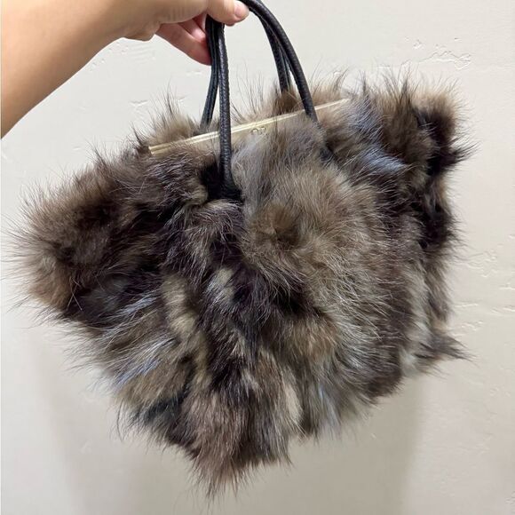 Genuine Fox Fur Handmade Large Tote/Metal Clip & Leather Handles Bag/Crossbody - Picture 4 of 16